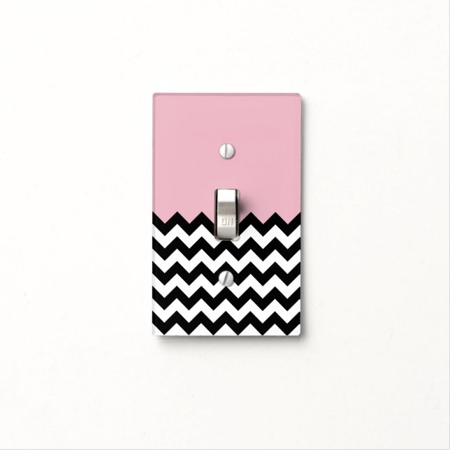 Black and White Zigzag Pattern, Chevron, Pink Light Switch Cover (In Situ)