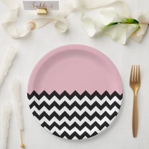 Black and White Zigzag Pattern, Chevron, Pink Paper Plates