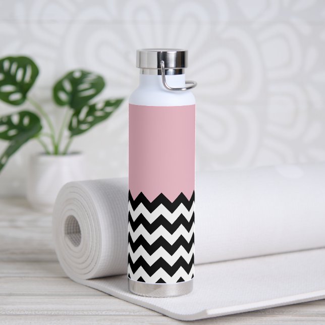 Black and White Zigzag Pattern, Chevron, Pink Water Bottle (Yoga)