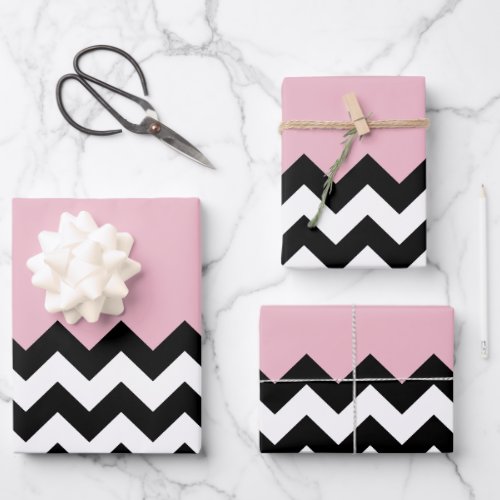 Black and White Zigzag Pattern Chevron Pink Wrapping Paper Sheets