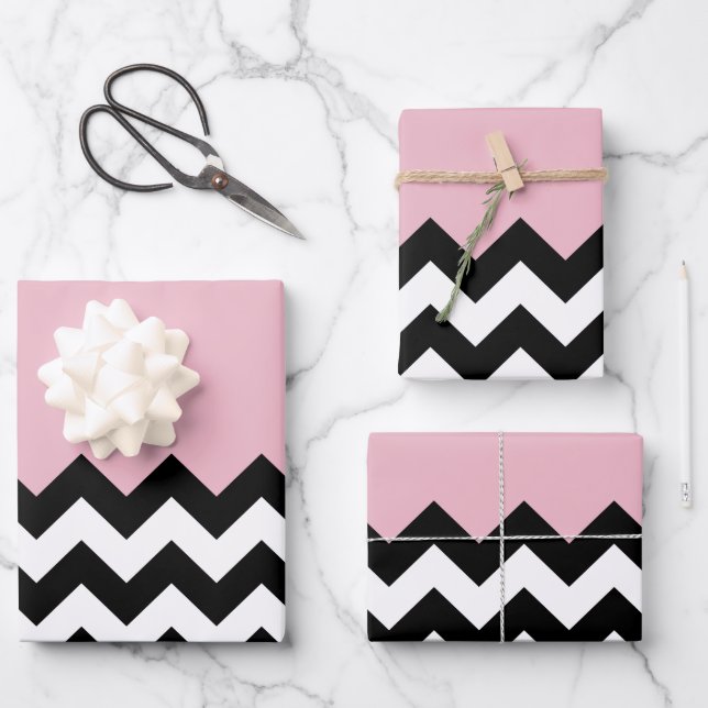Black and White Zigzag Pattern, Chevron, Pink Wrapping Paper Sheets (Front)
