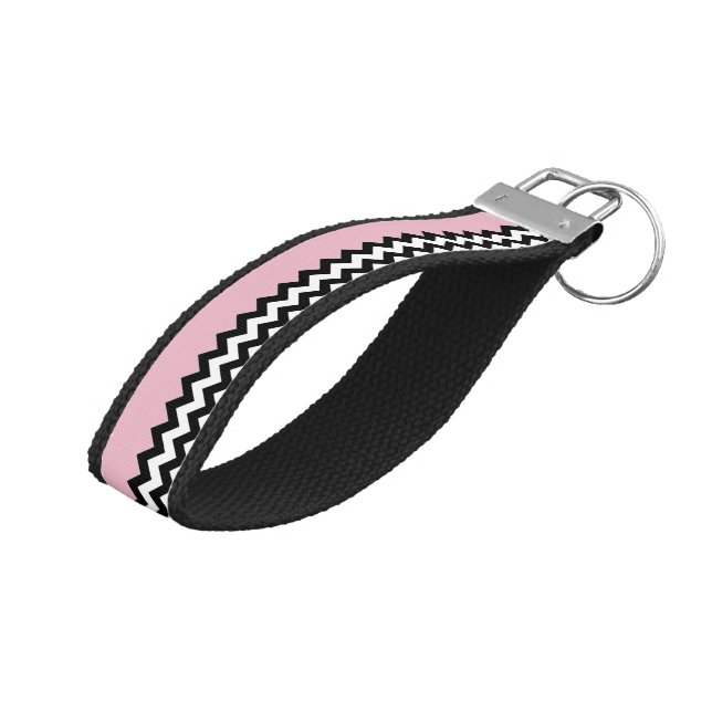Black and White Zigzag Pattern, Chevron, Pink Wrist Keychain (Angled Up)