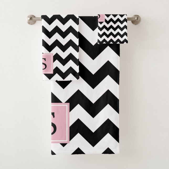 Black and White Zigzag Pattern, Monogram Bath Towel Set (Insitu)