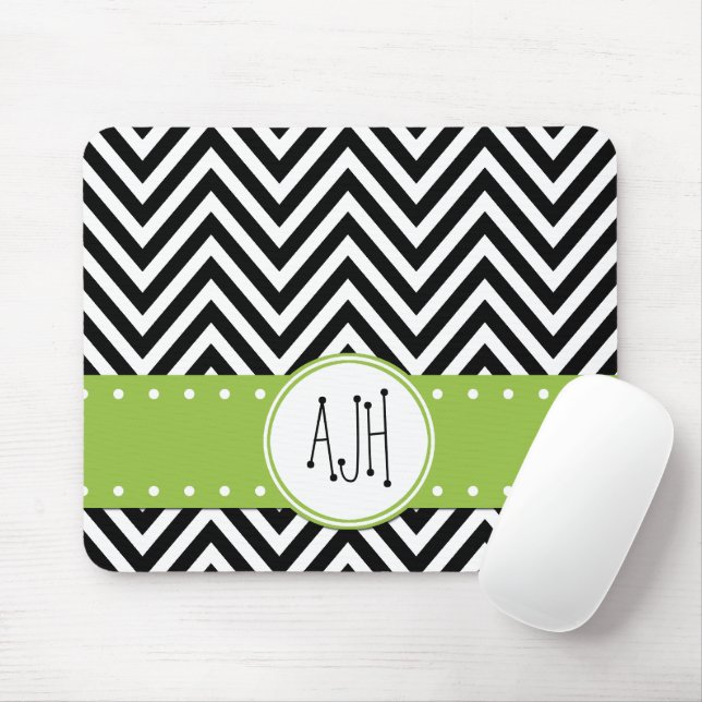 Black and White Zigzag Pattern, Monogram Mouse Pad (With Mouse)