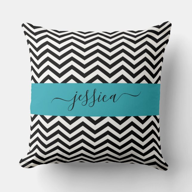 Black and White zigzag Personalized Throw Pillow (Front)