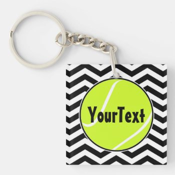 Black And White Zigzag Tennis Ball Custom Text Keychain by SoccerMomsDepot at Zazzle