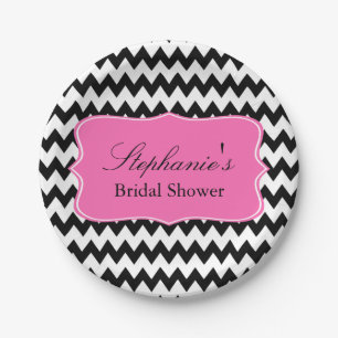 Black and White Zigzag with Hot Pink Bridal Shower Paper Plates