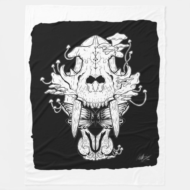 Black and whiteTiger skull and moth Fleece Blanket (Front)