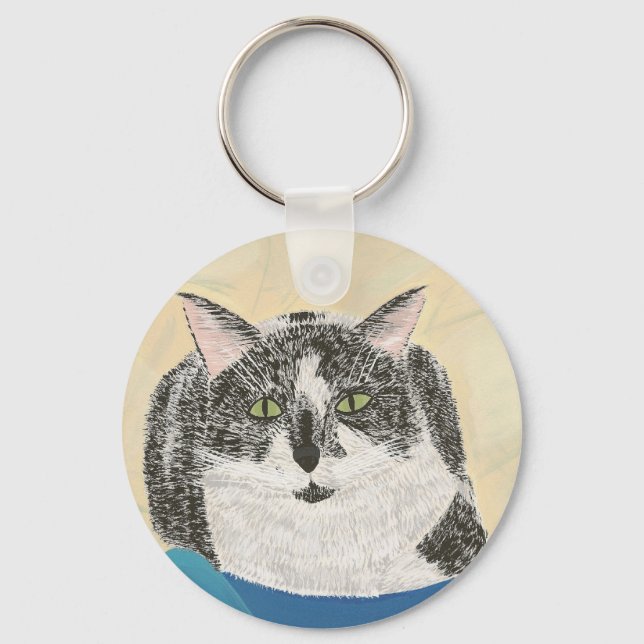 Black and WhiteTuxedo cat on blue blanket keychain (Front)