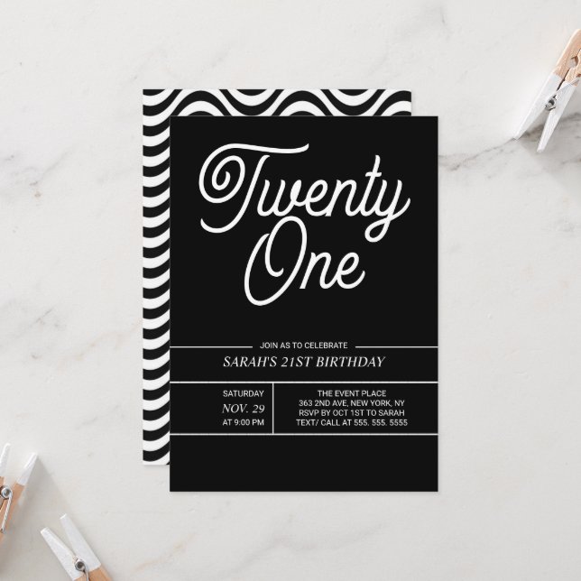 Black and Withe Modern 21st Birthday Party Invitation (Front/Back In Situ)