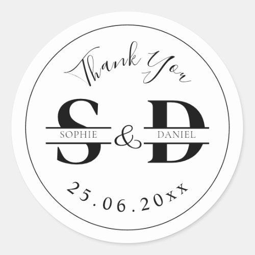 Black And Withe Monogram Thank You Wedding Favors Classic Round Sticker
