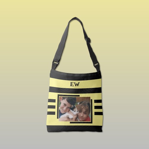 Black and yellow add initials 2 photo crossbody bag