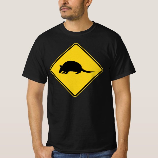 Black and Yellow Armadillo Crossing Road Sign T-Shirt (Front)