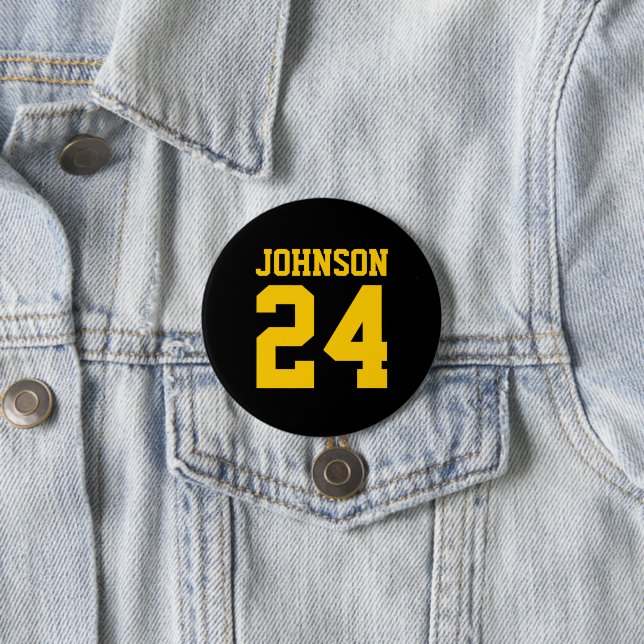Black and Yellow Athlete Name Jersey Number Pinback Button (In Situ)