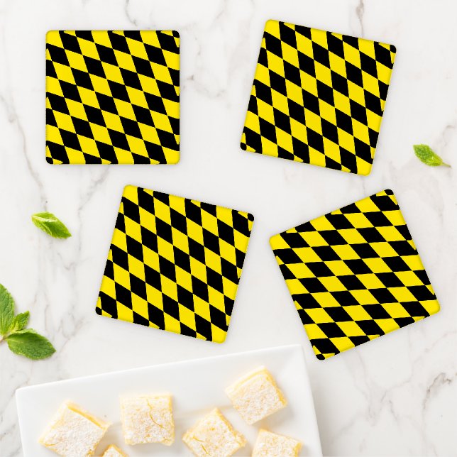 Black and Yellow Bavaria Diamond Flag Pattern Coaster Set (In Situ)