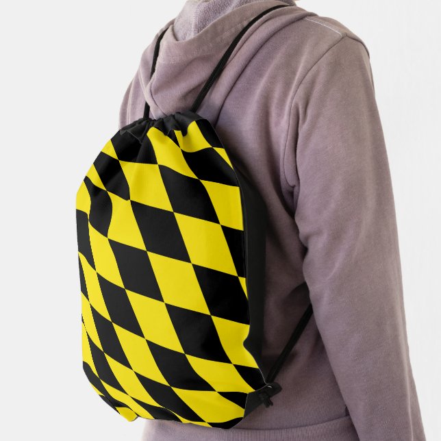 Black and Yellow Bavaria Diamond Flag Pattern Drawstring Bag (Insitu)
