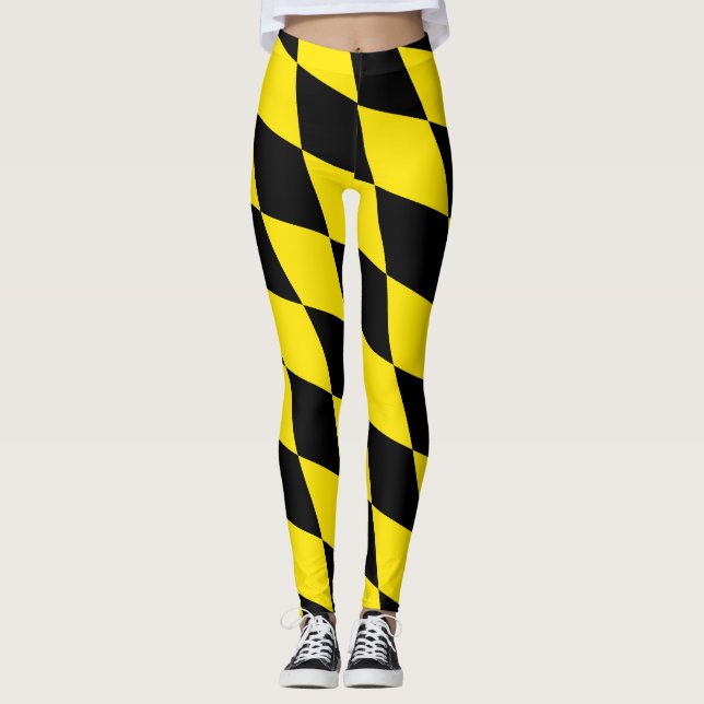 Black and Yellow Bavaria Diamond Flag Pattern Leggings (Front)