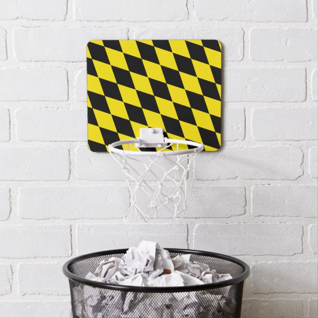 Black and Yellow Bavaria Diamond Flag Pattern Mini Basketball Hoop (In Situ)