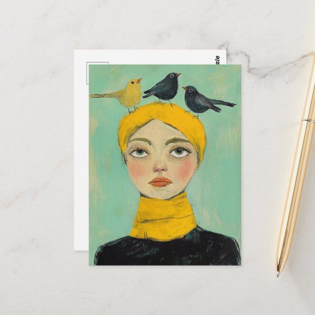 Black and Yellow Birds on Her Head Postcard (Front/Back In Situ)