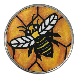 Black and Yellow Bumble Bee on Golden Honeycomb Golf Ball Marker
