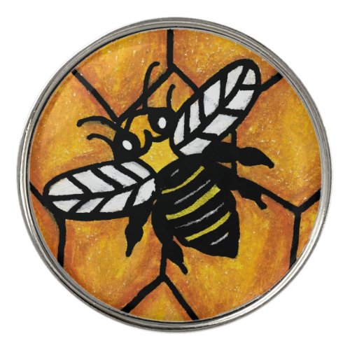 Black and Yellow Bumble Bee on Golden Honeycomb Golf Ball Marker