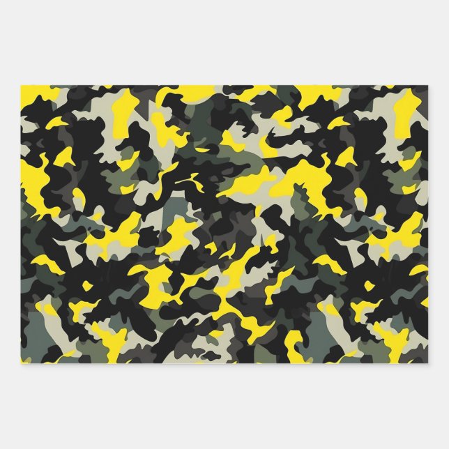 Black and Yellow Camouflage Pattern Wrapping Paper Sheets (Front)