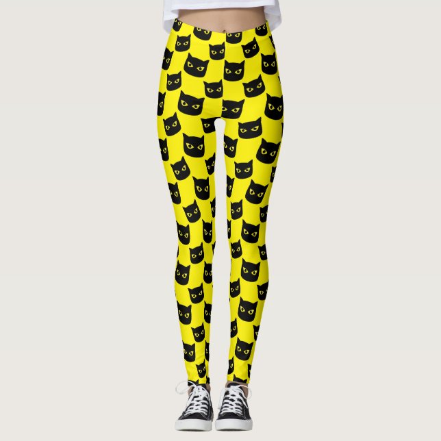 Black and yellow cat Halloween pattern Leggings (Front)