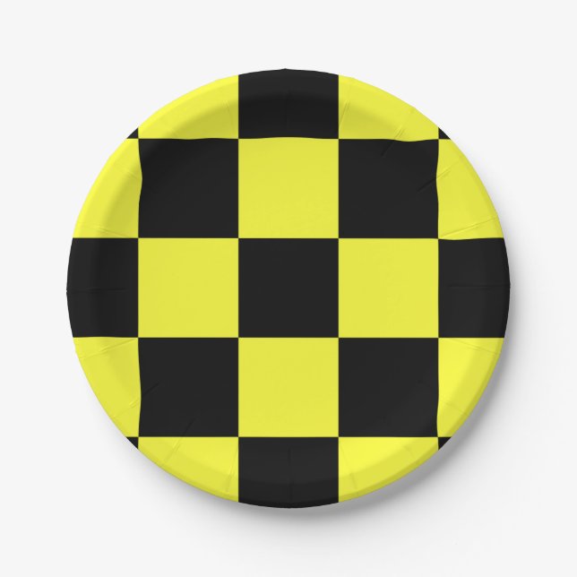 Black and Yellow Checkered Pattern Paper Plates (Front)
