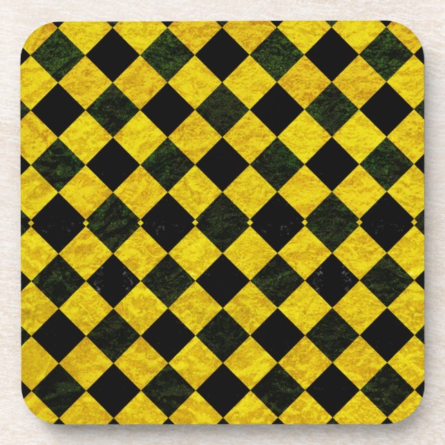 Black and yellow chequered pattern beverage coaster (Front)