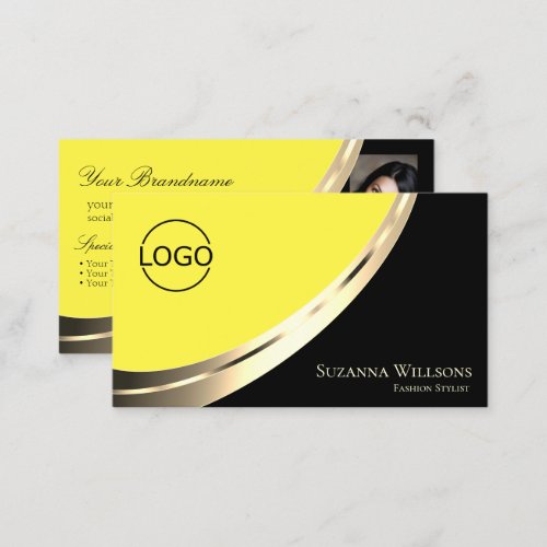 Black and Yellow Chic Gold Decor with Logo  Photo Business Card