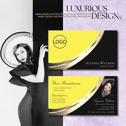 Black and Yellow Chic Gold Decor with Logo  Photo Business Card