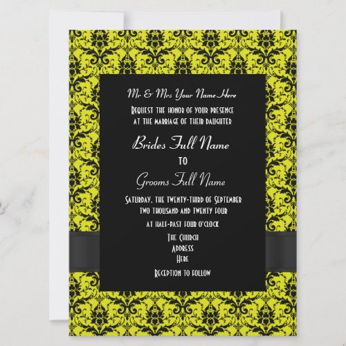 Black and yellow damask formal wedding invitation