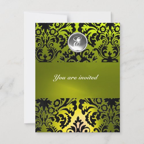 BLACK AND YELLOW DAMASK GEM STONE MONOGRAM INVITATION