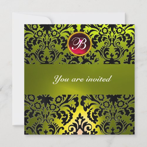 BLACK AND YELLOW DAMASK GEM STONE MONOGRAM INVITATION