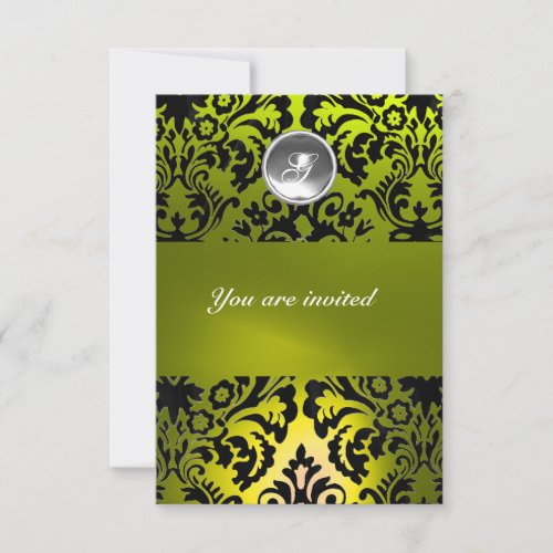 BLACK AND YELLOW DAMASK GEM STONE MONOGRAM INVITATION