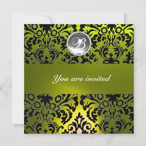 BLACK AND YELLOW DAMASK GEM STONE MONOGRAM INVITATION