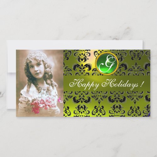 BLACK AND YELLOW DAMASK Green Emerald Monogram Holiday Card