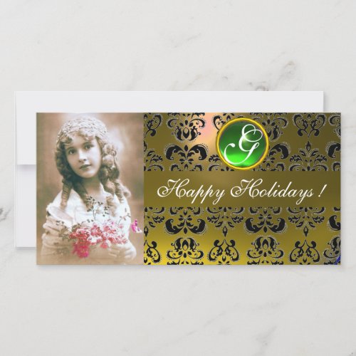 BLACK AND YELLOW DAMASK Green Emerald Monogram Holiday Card