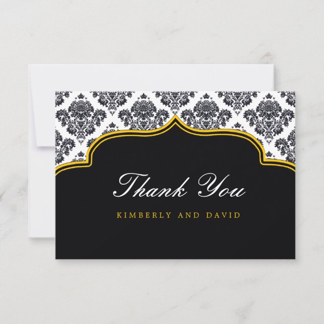 Black and Yellow Damask Label Thank You Card (Front)
