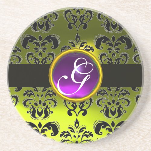 BLACK AND YELLOW DAMASK  Purple Amethyst Monogram Drink Coaster