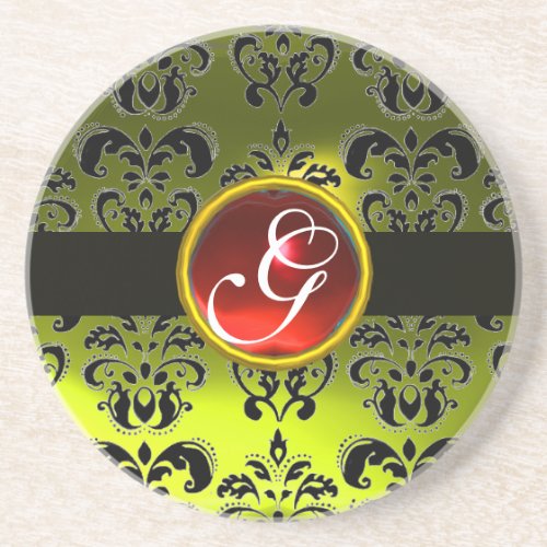 BLACK AND YELLOW DAMASK  Red Ruby Monogram Drink Coaster