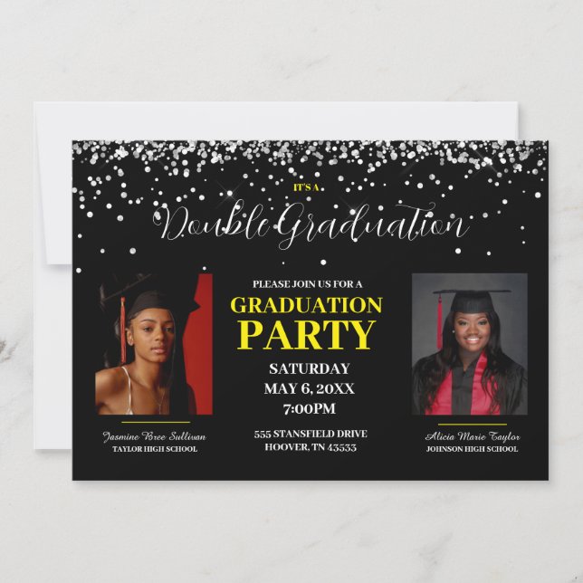 Black and Yellow Double Graduation Invitation (Front)