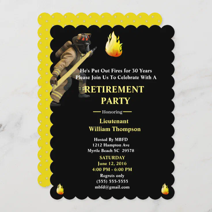 Black and Yellow Firefighters Retirement Party Invitation | Zazzle