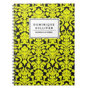Black and Yellow Floral Damask Personalized Notebook