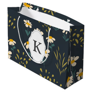 Black and Yellow Floral Monogram Large Gift Bag