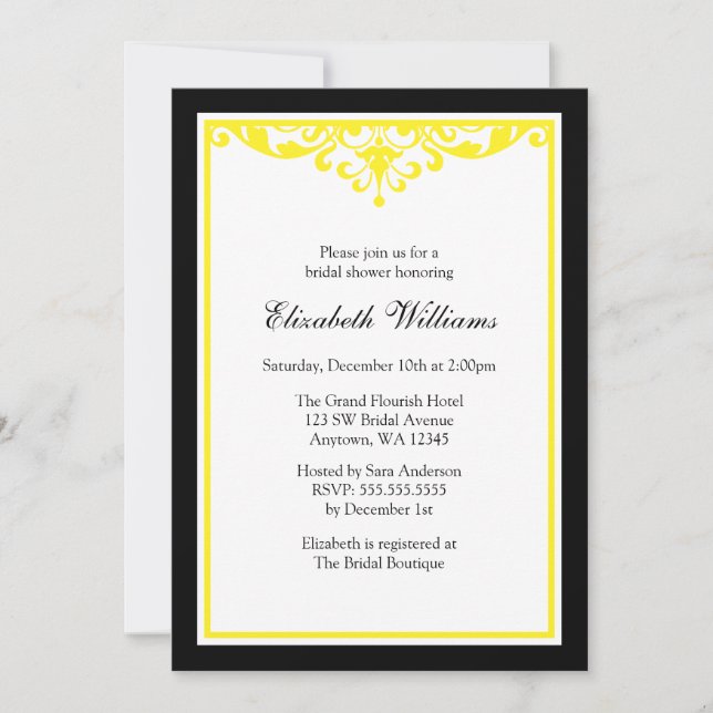 Black and Yellow Flourish Bridal Shower Invitation (Front)
