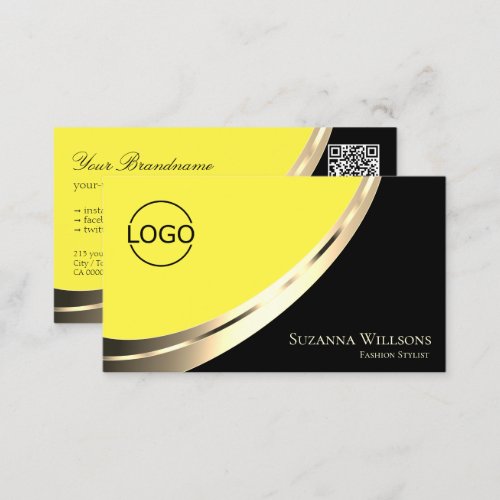 Black and Yellow Gold Decor with Logo  QR_Code Business Card