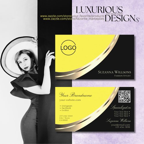 Black and Yellow Gold Decor with Logo  QR_Code Business Card