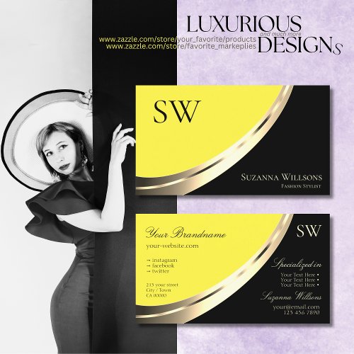 Black and Yellow Gold Decor with Monogram Modern Business Card