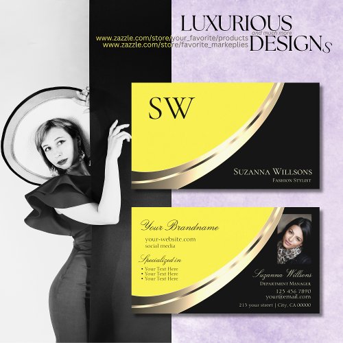 Black and Yellow Gold Decor with Monogram  Photo Business Card